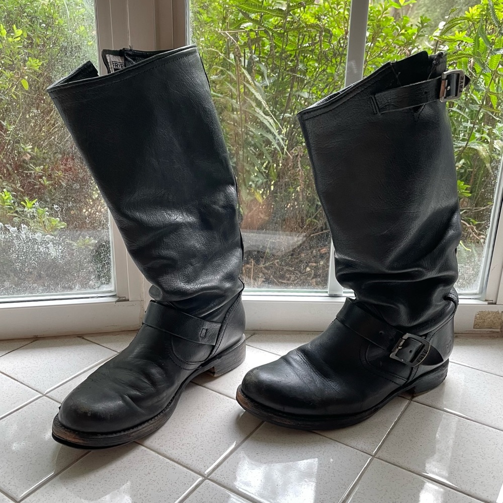 Frye slouchy riding boots with buckles 8.5